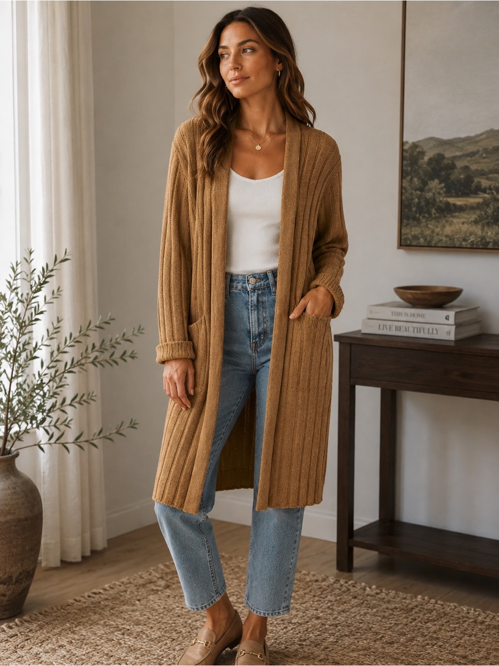 Lauren Ralph Lauren Black Label Camel Rib Knit Duster Cardigan Quiet Luxury M